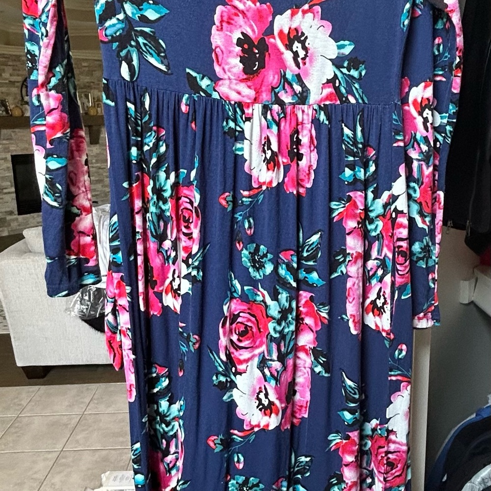 Floral Long Sleeve Kids Dress - Blue and Pink